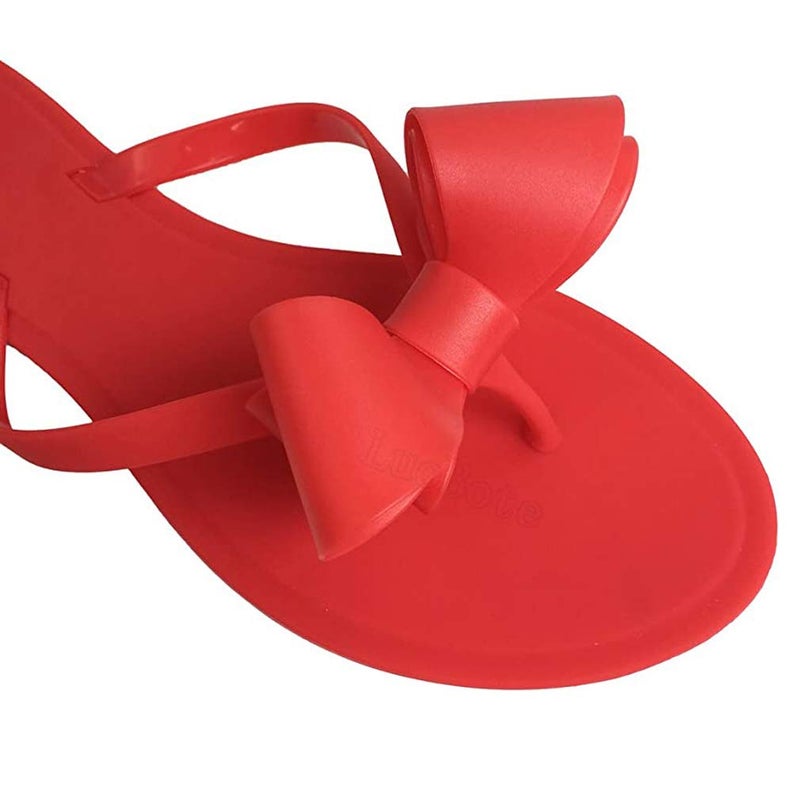 Mtzyoa Women Flip Flops Bow Flat Sandals Summer Red Size 8 Beach Jelly Cute Ladies Waterproof Rain Casual Sandals - Image 3